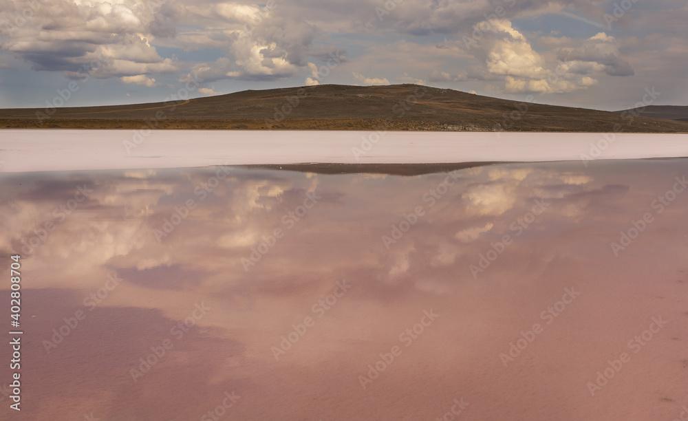 panoramic view of the pink salt lake in Crimea