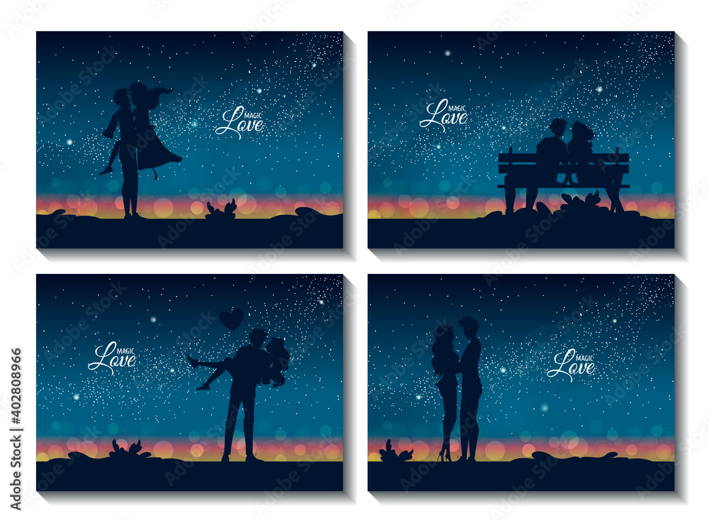 Set of cards with silhouettes of hugging couple in love at night. Happy Valentine's day, Romantic, Love concept. Vector illustration for card, poster, postcard.