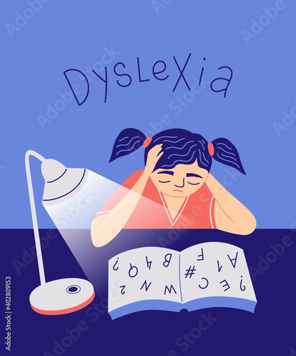 Dyslexia concept.  Young girl difficulty in reading. Logopedia, speech Therapy Lessons, speech pathologist. The child learns to speak correctly. Cartoon vector character illustration.  