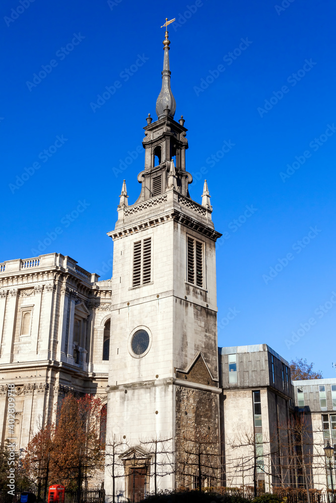 St Augustine With St Faith Church next to St Paul's Cathedral in London England UK rebuilt in 1680 by Sir Christopher Wren which is a popular tourist travel destination attraction landmark