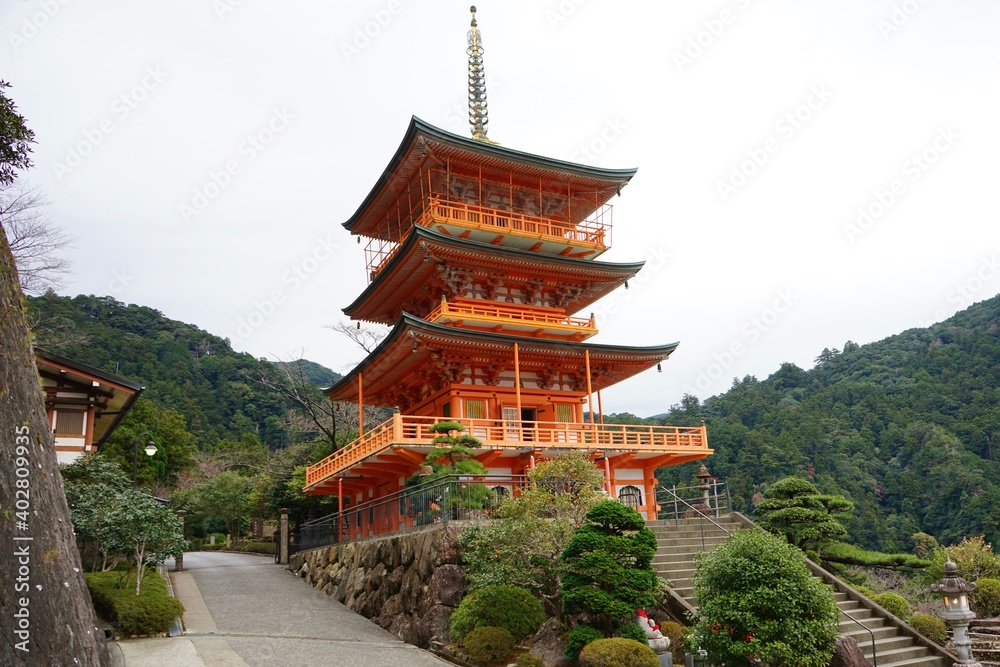 Three-storied pagoda Tower or Sanju-no-tou at Kumano Nachi Taisha in Wakayama prefecture, Japan Three-storied pagoda Tower or Sanju-no-tou at Kumano Nachi Taisha in Wakayama prefecture, Japan