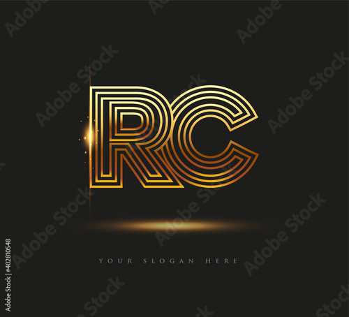 Initial Logo Letter RC, Bold Logotype Company Name Colored Gold, Elegant Design. isolated on black background.