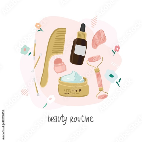 Set of elements for the morning routine of beauty and health with flowers on an abstract pink background. Comb, face cream, toner, quartz roller, the lipstick in vintage style. Vector illustration.