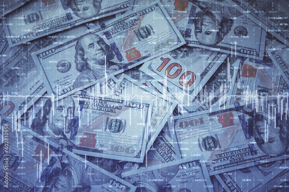 Double exposure of forex graph drawing over us dollars bill background. Concept of financial markets.