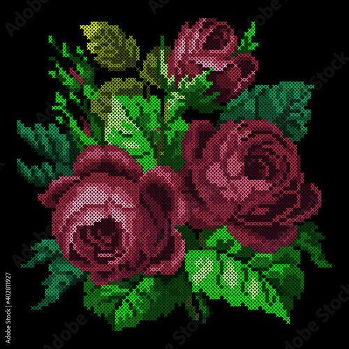 cross stitch dark red rose