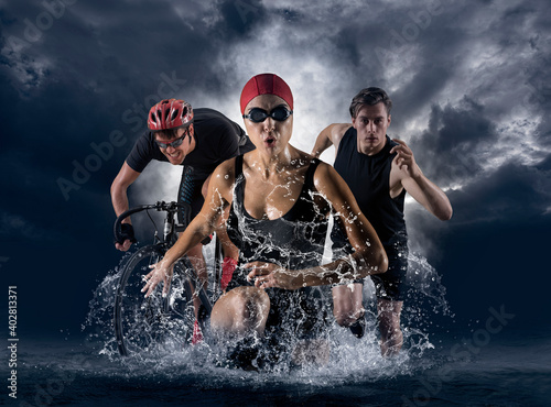 Triathlon sport collage. Man, woman running, swimming, biking photo