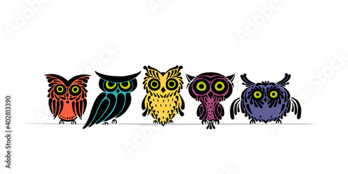 Cute owls family. Colorful style for your design