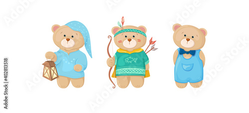 Set of cute baby bears in cartoon style. Character in pajamas, sleeping cap with a flashlight. Dressed as an Indian. In a denim jumpsuit with a bow tie. Vector illustration isolated on white backdrop