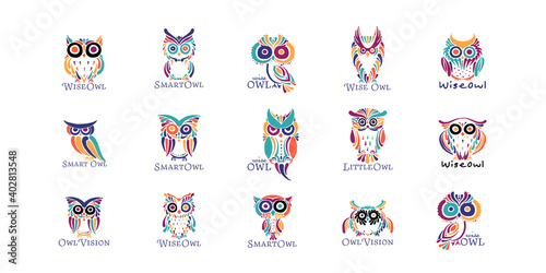 Cute owls coloful collection, logo design template