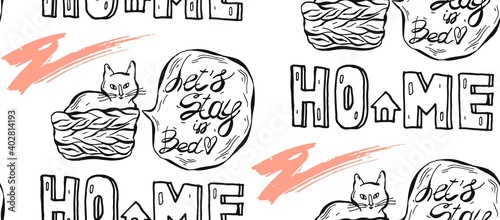 Hand drawn vector graphic seamless pattern of cat in pottle with speech bubble and let s stay in bed phrase.Design for home decor,paper,textile, pets store,wallpaper,invitation card background.