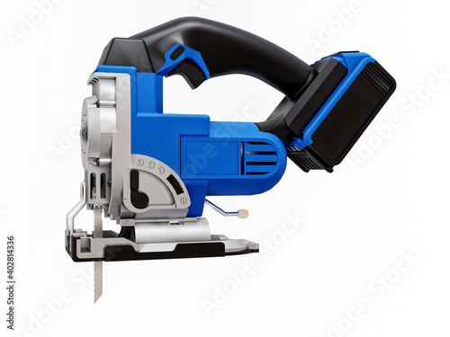 The tool is a blue electric jigsaw on a white isolated background. 3d rendering.