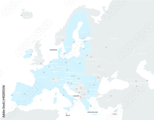 Europakarte EU grau / blau mit weißen Ländergrenzen ,Hauptstädten und Text 2 in hell (nach Brexit)
