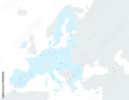 Europakarte EU grau   blau mit wei  en L  ndergrenzen und Hauptst  dten in hell  nach Brexit 