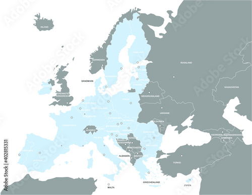 Europakarte EU grau / blau mit weißen Ländergrenzen und Hauptstädten und Text (nach Brexit)