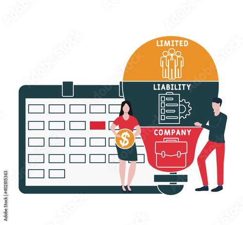 Flat design with people. LLC - Limited liability company acronym, business concept background.   Vector illustration for website banner, marketing materials, business presentation, online advertising.