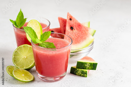 Detox watermelon lime mint smoothie. Space for text.