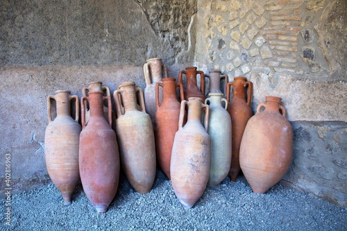 Pompeii, Italy, June 26, 2020 amphorae in an ancient deposit found after the excavations later
to the eruption of the volcano Vesuvius in 79 AD. photo