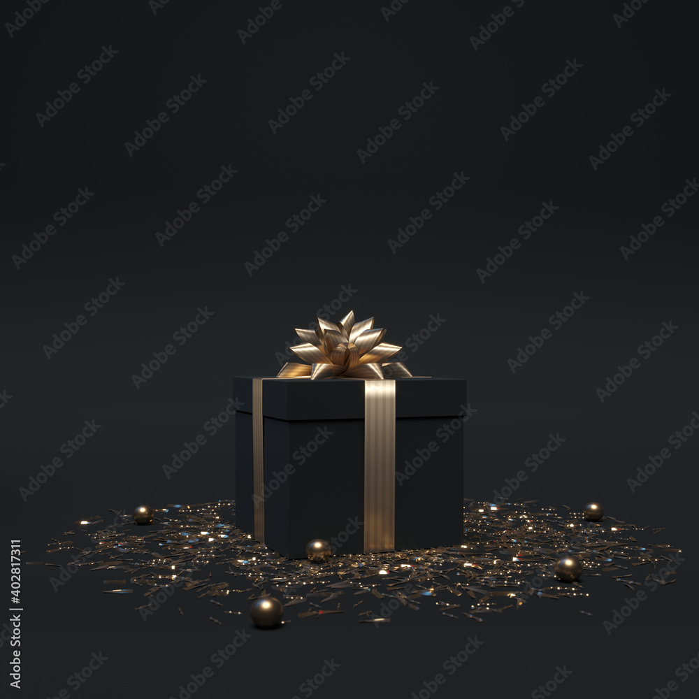 Black gift box with gold bow and ribbons on dark background with confetti. Luxury christmas present. Template banner for birthday, gift post cards, social media. 3d render. 3d illustration.