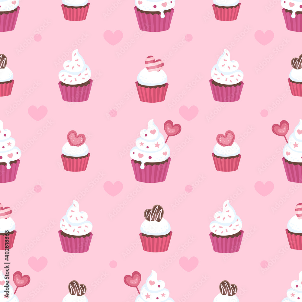 Seamless surface repeat vector pattern design with fluffy white cupcakes in pink and red cups on a pink background with little pink hearts suitable for Valentine's day, weddings and more