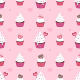 Seamless surface repeat vector pattern design with fluffy white cupcakes in pink and red cups on a pink background with little pink hearts suitable for Valentine's day, weddings and more