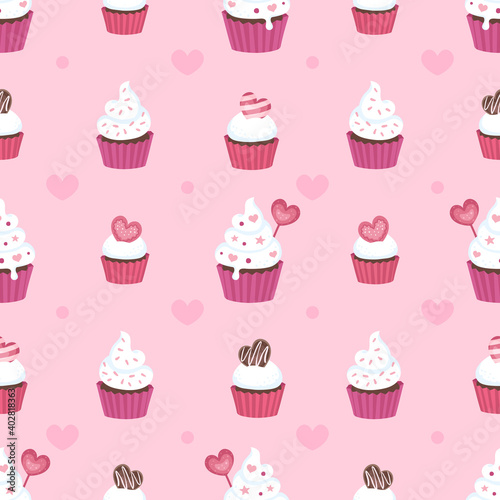 Seamless surface repeat vector pattern design with fluffy white cupcakes in pink and red cups on a pink background with little pink hearts suitable for Valentine s day  weddings and more