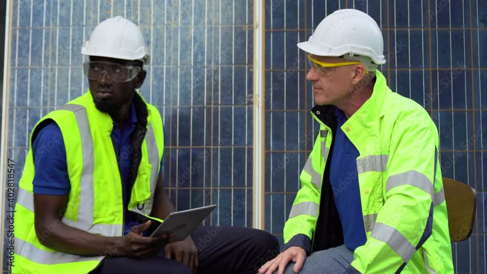 African american technician and senior engineer manager discussion and checking Solar Cell panels . team Repair and maintenance photovoltaic African american technician and senior engineer manager discussion and checking Solar Cell panels . team Repair and maintenance photovoltaic