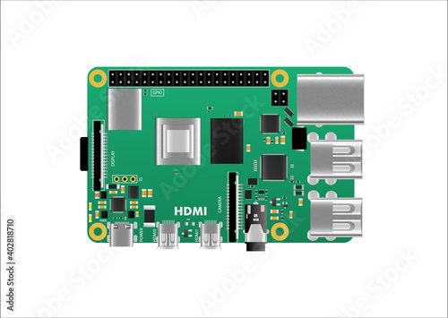Realistic raspberry pi model B board detailed illustration of the top view. For education. Stock vector illustration on white isolated background.