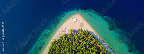Aerial drone ultra wide photo from paradise organised bay and sandy beach of Gregolimano, North Evia island, Greece