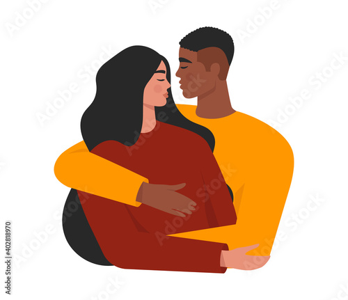Young couple in love. Boyfriend and girlfriend hugging. Two people having a romantic relationship. Isolated flat vector illustration of a black man and caucasian woman for Valentine’s day
