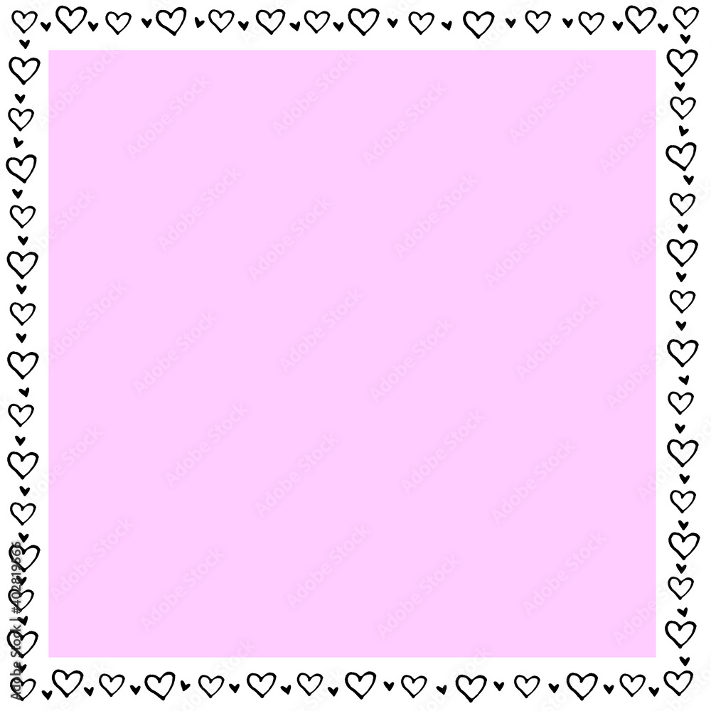 Hand drawn square frame, border from black outline hearts. Simple romance symbol of love, background, decoration for invitation, Valentine's day, greeting card, wedding Hand drawn square frame, border from black outline hearts. Simple romance symbol of love, background, decoration for invitation, Valentine's day, greeting card, wedding