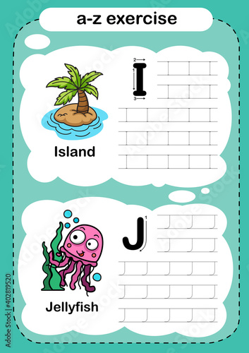 Alphabet Letter I - J exercise with cartoon vocabulary illustration, vector