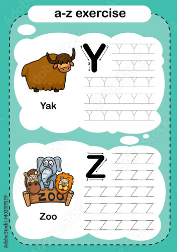 Alphabet Letter Y - Z exercise with cartoon vocabulary illustration, vector