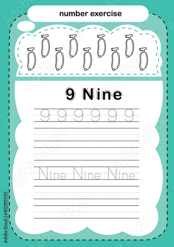 number exercise with cartoon coloring book illustration, vector