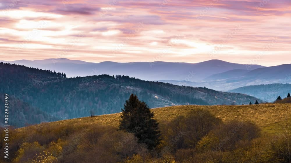 Landscape of beautiful rose-waving sky over green wild hills, 4K UHD time lapse Landscape of beautiful rose-waving sky over green wild hills, 4K UHD time lapse