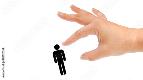 Female hand flicking away a person icon. Isolated on white background.