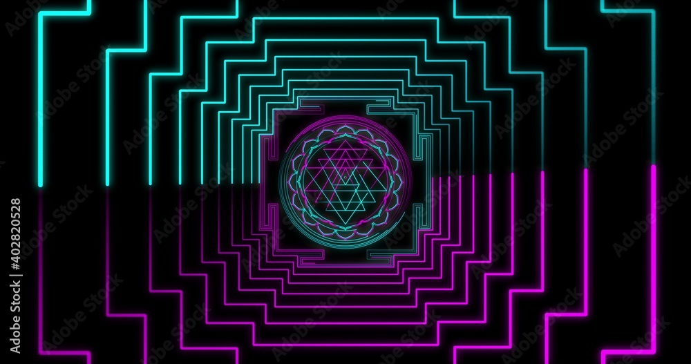 Abstract neon flying geometric tunnel with Sri Yantra Mandala. Seamless loop 4k background. Futuristic corridor with Neon Lights. Virtual reality design mandala pattern for Diwali 3D illustration Abstract neon flying geometric tunnel with Sri Yantra Mandala. Seamless loop 4k background. Futuristic corridor with Neon Lights. Virtual reality design mandala pattern for Diwali 3D illustration