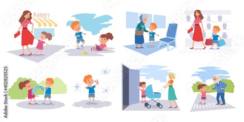 Good children versus bad kids set. Kid helping elder people cross street and offering seat, girl opening door. Arguing, fighting and crying. Manners and respect behavior vector illustration