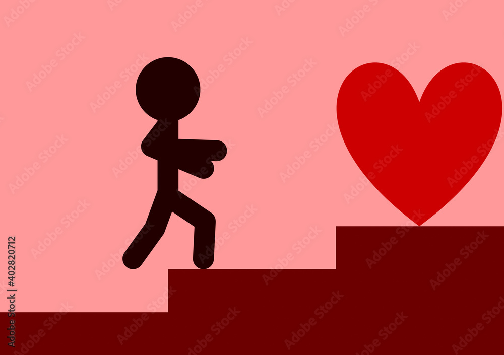 Scene of silhouette person is running towards red heart shape. Love concept. Scene of silhouette person is running towards red heart shape. Love concept.