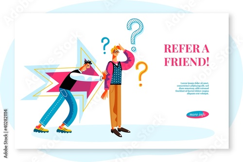 Refer friend sitepage template  man recommending friend. Business referral vector illustration. Pensive reluctant guy thinking  asking for job  friend recommending person. Arrow and question signs