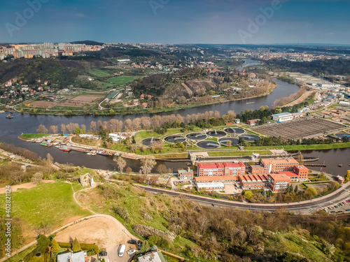 Aerial view of sewage disposal plant in Podbaba, Dejvice in Prague 6 by the river Moldau 
