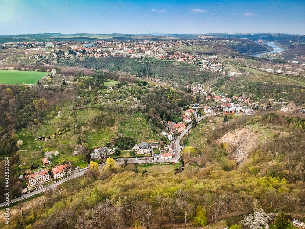 Aerial view of valley Dolni Sarka in Prague 6 with Suchdol in background
