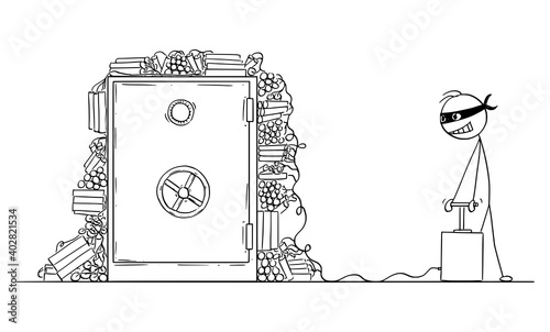 Vector cartoon stick figure illustration of robber with mask ready to blow up bank safe with bomb or explosives.