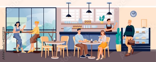 People in cafe with coffee and cakes. Interior design of modern cafeteria vector illustration. Barista at counter, businessman, man and woman sitting and eating, girls talking photo