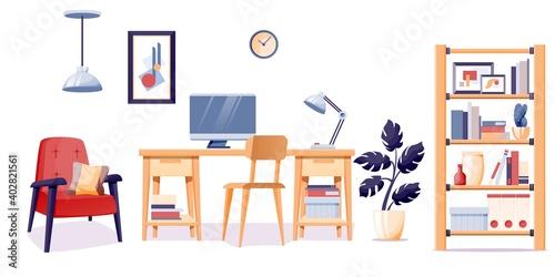 Modern home office interior design background. Room at home with chair, bookshelf, table with lamp and computer monitor, clock on wall isolated on white. Objects for working vector illustration