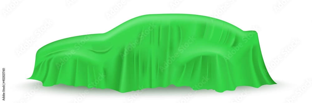 Green cloth drapery covering car. Silk fabric hanging on gift for surprise reveal vector illustration. Hidden car under veil decoration on white background. Mysterious presentation event