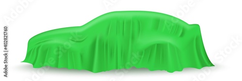 Green cloth drapery covering car. Silk fabric hanging on gift for surprise reveal vector illustration. Hidden car under veil decoration on white background. Mysterious presentation event
