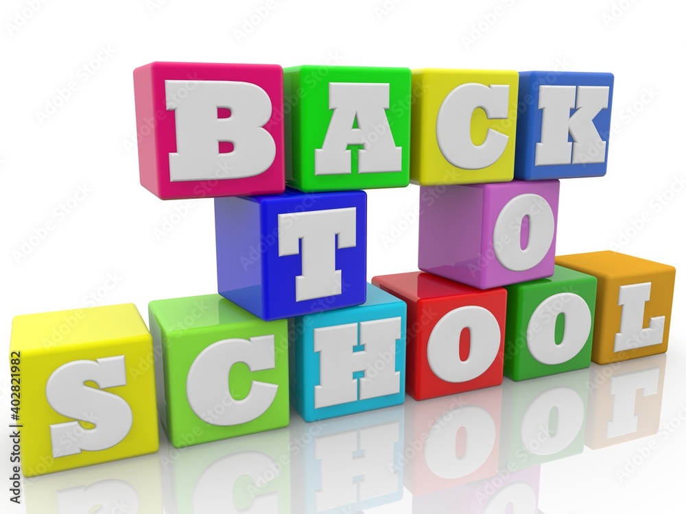BACK TO SCHOOL concept on colored toy blocks on white backgound