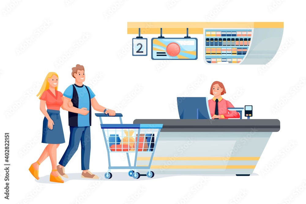 Couple walking to cashier at supermarket store checkout. Young happy woman sitting at register counter vector illustration.Man and woman with food in cart in shop on white background Couple walking to cashier at supermarket store checkout. Young happy woman sitting at register counter vector illustration.Man and woman with food in cart in shop on white background