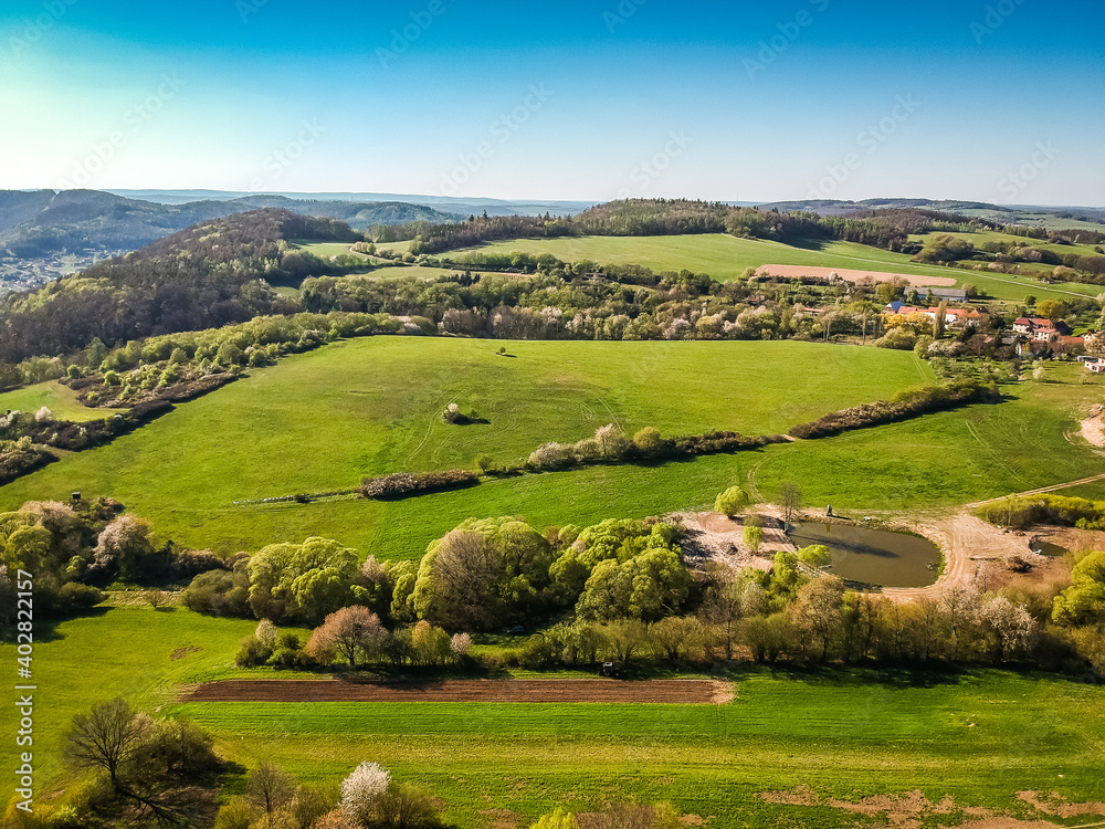 Aerial view of landscape between villages Teletin and Vysoky Ujezd in Central Bohemian Region