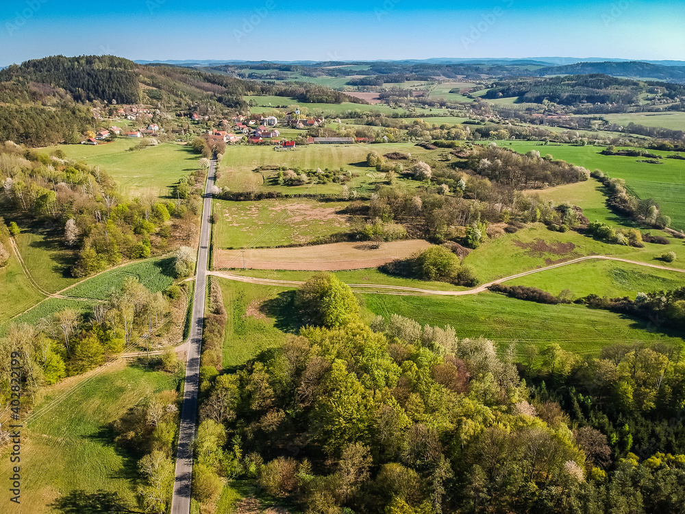 Aerial view of landscape between villages Teletin and Vysoky Ujezd in Central Bohemian Region